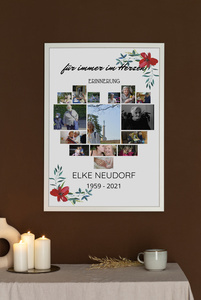 Trauercollage - Fotocollage mit Blumenmotiv in Herzform Trauercollage - Fotocollage mit Blumenmotiv in Herzform