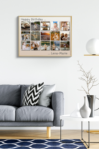 Raster-Collage hinter Acrylglas mit individuellem Gruß zum Geburtstag
